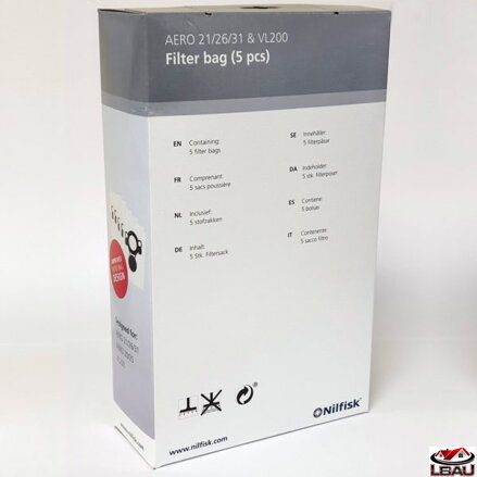 Fleesový sáčok pre vysávače AERO 5ks Nilfisk 107419590     Fleesový sáčok - 4ks, vzduchový filter z netkanej textílie - 1ks  Pre vysávače Aaero 20-xx,21-xx,25-xx,26-xx,30-xx,31-xx  